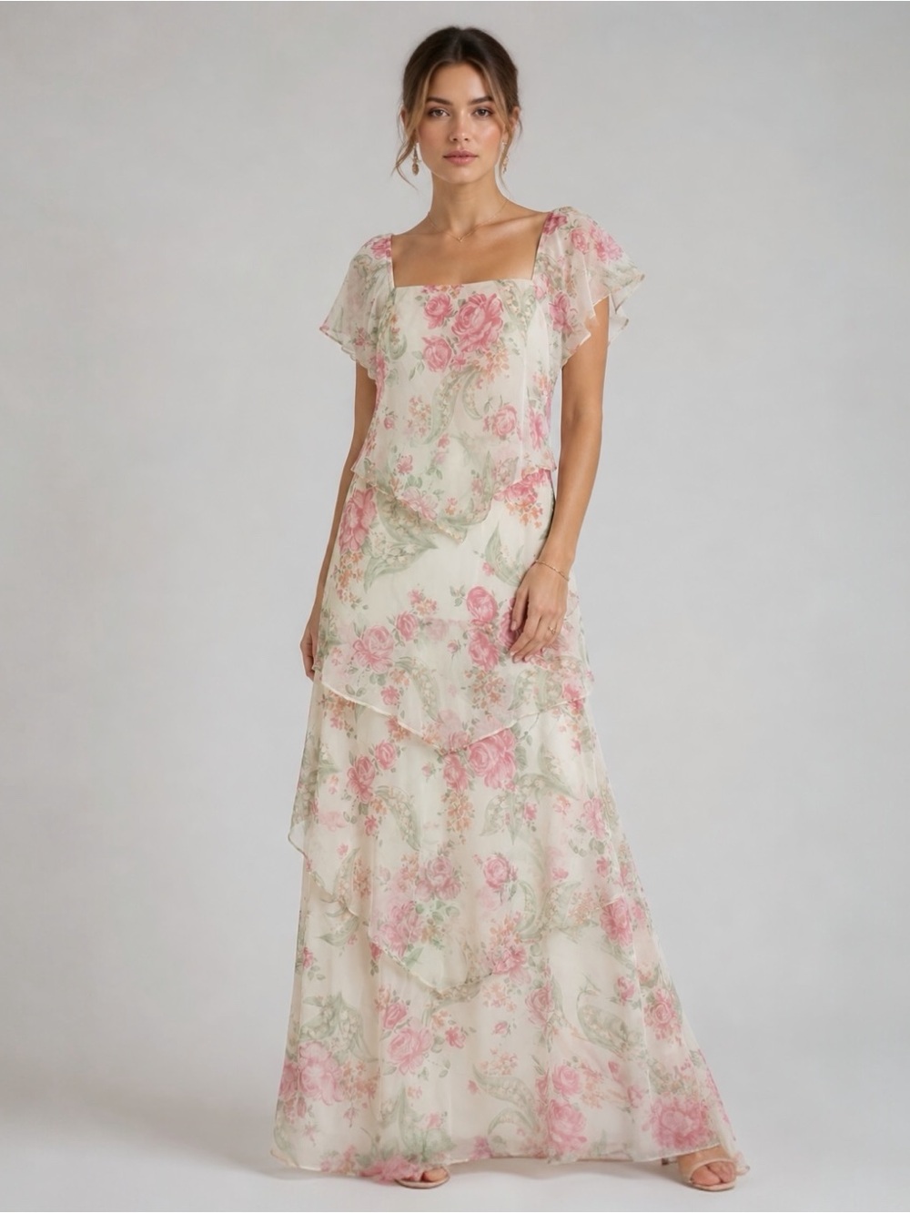 Vintage 70s Floral Maxi Dress Ivory Pink Tiered Ruffle Cottagecore Prairie Gown - Picture 4 of 11